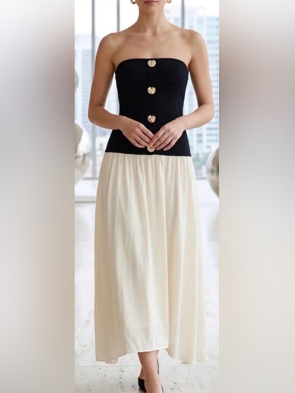 Strapless Black and Cream Two-Tone Maxi Dress with Button Detail